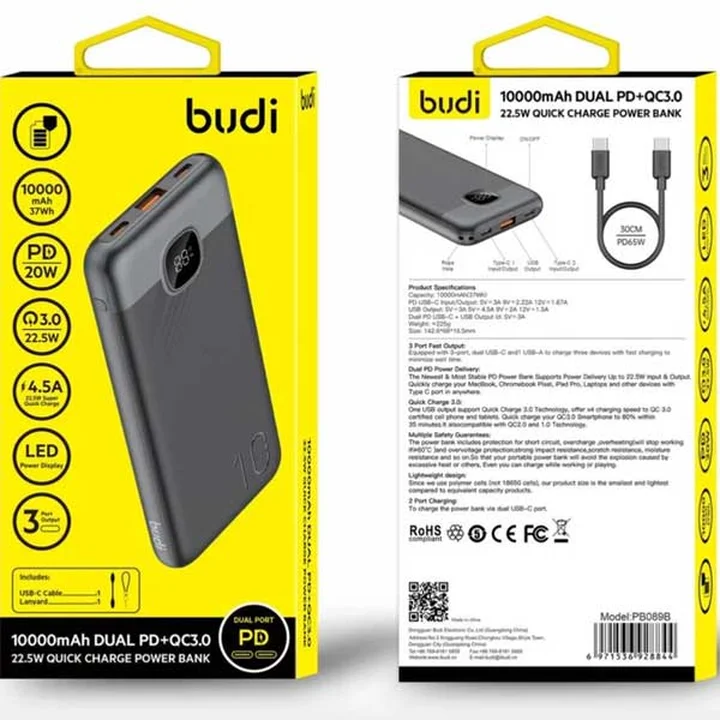 پاوربانک بودی 10000 میلی آمپر 22.5 وات مدل Budi PB089B