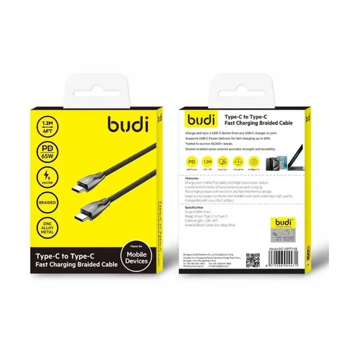 کابل شارژ کنفی ‌USB-C به ‌USB-C بودی مدل Budi DC128TT12B